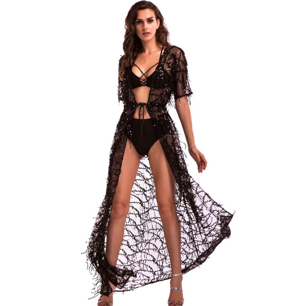 Sheer Black Lace Beach Coverup Robe with Sequins